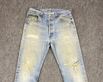 Rip Dirty Faded Blue Vintage Levis 501 Jeans 30x29 -JN3129 Blue Distressed Denim Red Tab Faded Denim Grunge Style Vintage Denim Unisex Jeans
