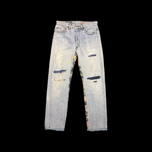 Vintage 90s Levis 501 Made in USA Distressed Light Wash Patchwork Custom Denim Jeans W32 L31 Reworked Levi Strauss Button Fly Pant