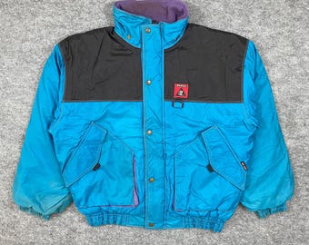 Chaqueta de pesca Big Field vintage de los 90, bloques de color azul y morado, estilo retro, marca japonesa Gorpcore, ropa de exterior, bomber utilitaria con múltiples bolsillos, talla L.