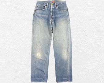 Talla 29x29.5, vaqueros Levi's 501 vintage azul desteñido estilo años 80, con botón superior, talla 6, denim-JN3954. Estilo denim desteñido, grunge, vintage, unisex W29.