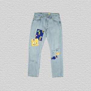 Vintage 90s Levis 501 Custom Patchwork Jeans W31 L32 Made in USA Distressed Light Wash Straight Leg Denim Cute Cartoon Patch Y2K Pants