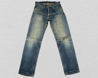 Rozmiar 32x31 Vintage Wrangler W0384 Jeansy z przetarciami Wyprodukowano w Japonii Licencja Edwina Shoji, sprany niebieski, męskie, wytrzymały styl odzieży roboczej w stylu western W32