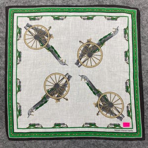 Vintage Nissen Clover Family Canno Handkerchief Rare Military Artillery Print Pocket Square Green & Grey Cotton Hankie Gift for History Buff