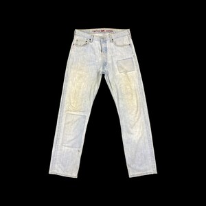 Vintage Levis 501 Limited Edition Jeans W34 L33 Light Wash Distressed Custom Patchwork Denim Button Fly Straight Leg Jeans Made in Mexico
