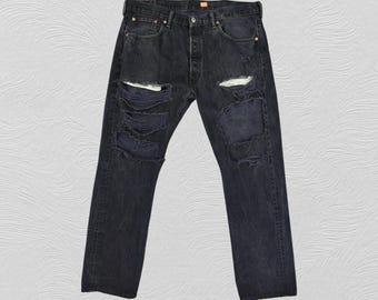 Vintage Levi's 501 Black Distressed Jeans Men Size 38x31, Ripped Denim Pants, Grunge Streetwear, Custom Destroyed Levi Jeans, Retro Denim