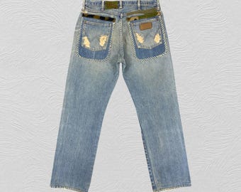 Vintage Wrangler Custom Reworked Jeans 32x28.5 | Distressed Patchwork Denim | Upcycled Boho Western Aesthetic | Grunge Streetwear Cowboy Cut