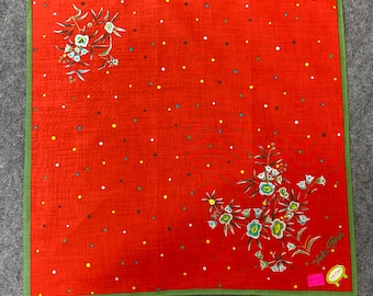 Pañuelo vintage Yuki Torii con estampado floral de rosas y lunares. Bufanda de lujo de diseñador japonés. Pañuelo de bolsillo rosa y rojo de algodón. Bandana para el cuello.