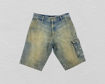 Talla 32x13.5 Vaqueros cortos Stussy azules vintage - JN3958 Vaqueros desgastados azules Vaqueros descoloridos Estilo grunge Vaqueros vintage Unisex W32