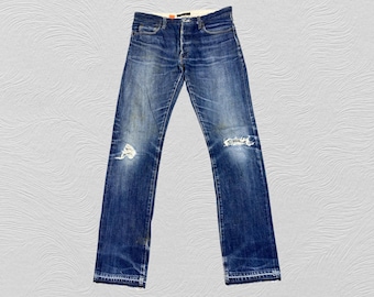 Vintage Selvedge United Arrows Rhythm of Life Denim Jeans Size 31 Distressed Japanese Blue Button Fly Slim Fit Rugged Workwear Fashion