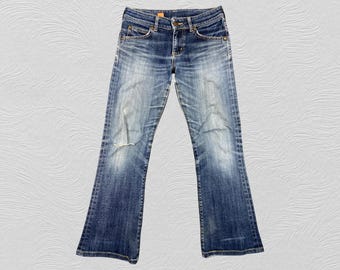 Taille 29 x 27,5 vintage Wrangler Blue Bell Jeans, denim bootcut coupe évasée, effet vieilli, taille basse, style bohème chic de l'an 2000