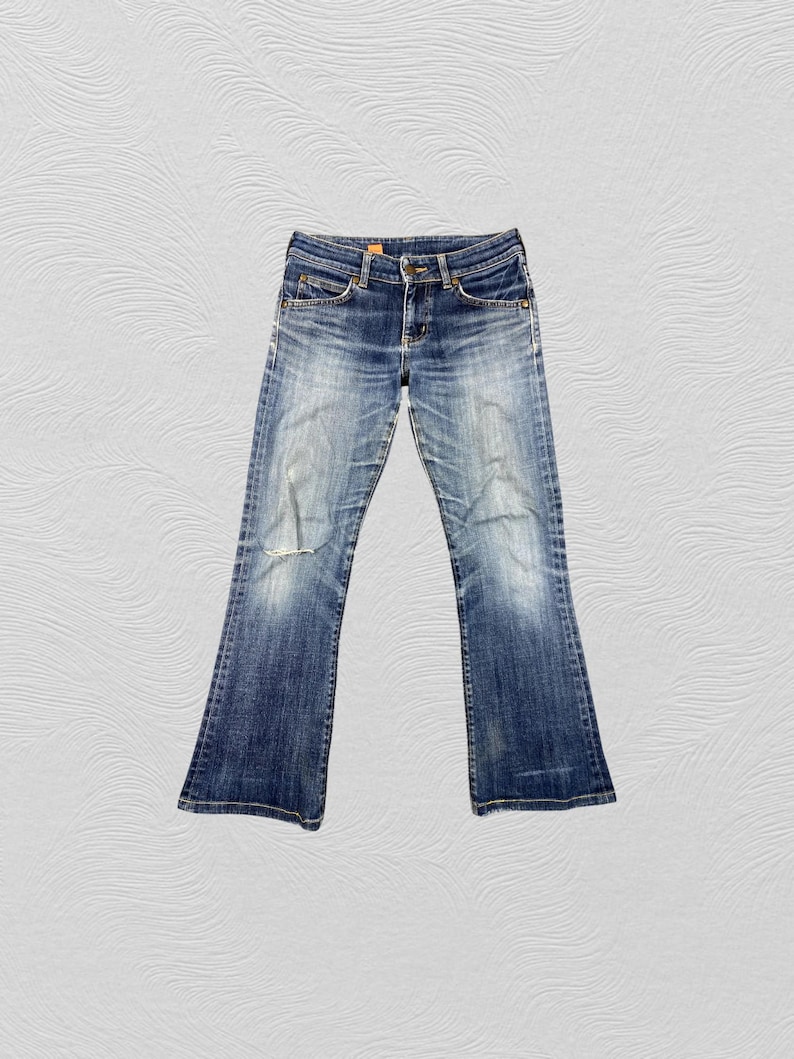 Storlek 29x27.5 Vintage Wrangler Blue Bell Jeans Flare Cut Bootcut Denim, Distressed Fade, Låg midja, Y2K Estetisk Boho Chic bild 1