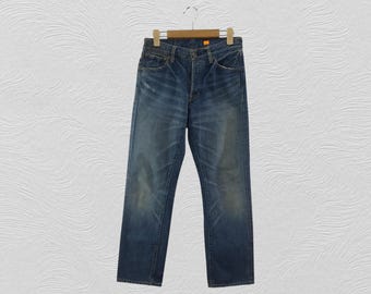 Selvedge Denim Jeans Größe [70x29,5], Distressed Workwear, Faded Indigo Denim, Streetwear im japanischen Stil, robuster Herrenstil, Ästhetik der 90er Jahre