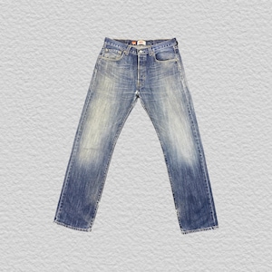 May include: A pair of blue denim jeans featuring a faded wash, a button fly closure, five pockets, and a straight-leg cut. The jeans have a medium-blue tone with lighter whiskering patterns on the thighs and a classic waistband with belt loops.