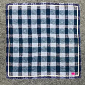Peut inclure: Foulard carré à motif à carreaux bleus et blancs. Le foulard présente une bordure décorative avec un motif floral. La marque "MARIO VALENTINO" est visible dans le coin inférieur droit.