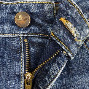 Storlek 29x27.5 Vintage Wrangler Blue Bell Jeans Flare Cut Bootcut Denim, Distressed Fade, Låg midja, Y2K Estetisk Boho Chic bild 8