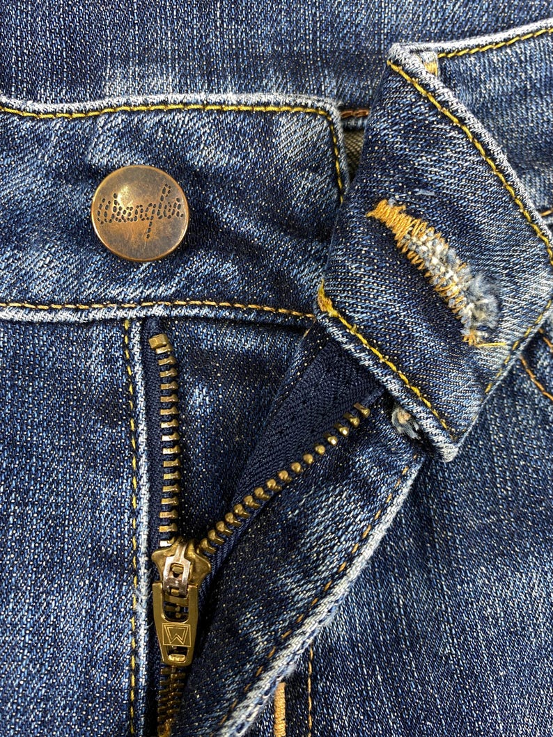 Storlek 29x27.5 Vintage Wrangler Blue Bell Jeans Flare Cut Bootcut Denim, Distressed Fade, Låg midja, Y2K Estetisk Boho Chic bild 8