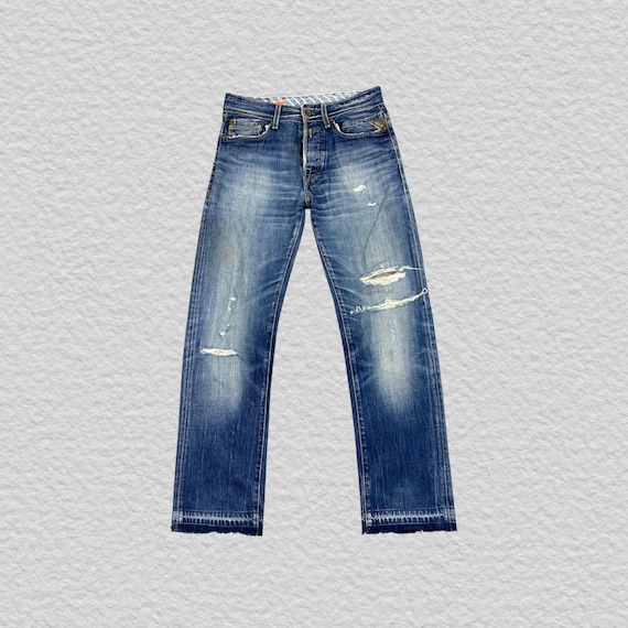 Replay, Vintage Replay Blue Jeans Distressed Straight Leg Denim Pants Size W29 L28 Japanese Selvedge Design Button Fly Workwear Fade Casual