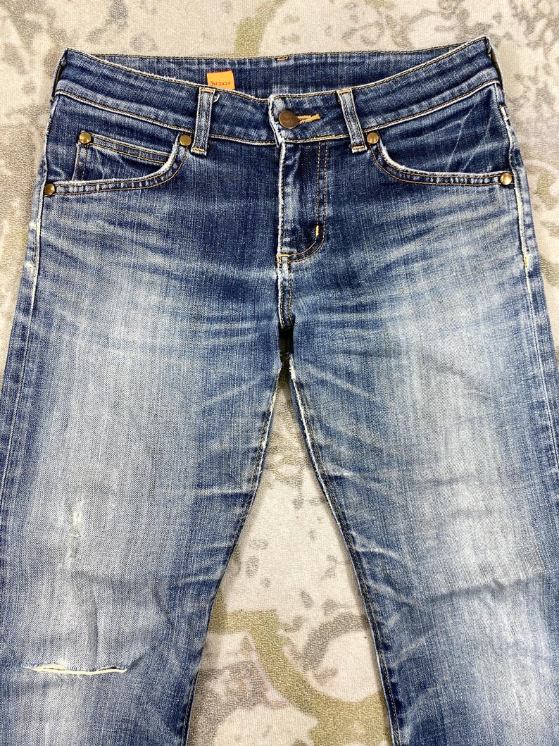 Storlek 29x27.5 Vintage Wrangler Blue Bell Jeans Flare Cut Bootcut Denim, Distressed Fade, Låg midja, Y2K Estetisk Boho Chic bild 5