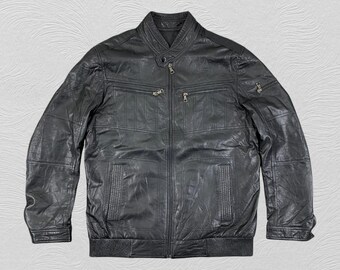 Vintage Leather Biker Jacket Black Motorcycle Jacket Men's Large Classic Leather Bomber Jacket Retro Streetwear