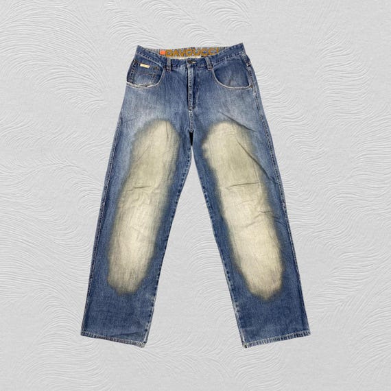 【90s DAVOUCCI】\"墨黒\"grunge widebuggy denim 36x32 Distressed Blue Davoucci Baggy Jeans Denim- JN3932