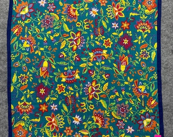Vintage Yves Saint Laurent Floral Handkerchief, YSL Cotton Pocket Square, Teal Navy Boho Paisley Scarf, Designer Bandana 18x18, Luxury Gift
