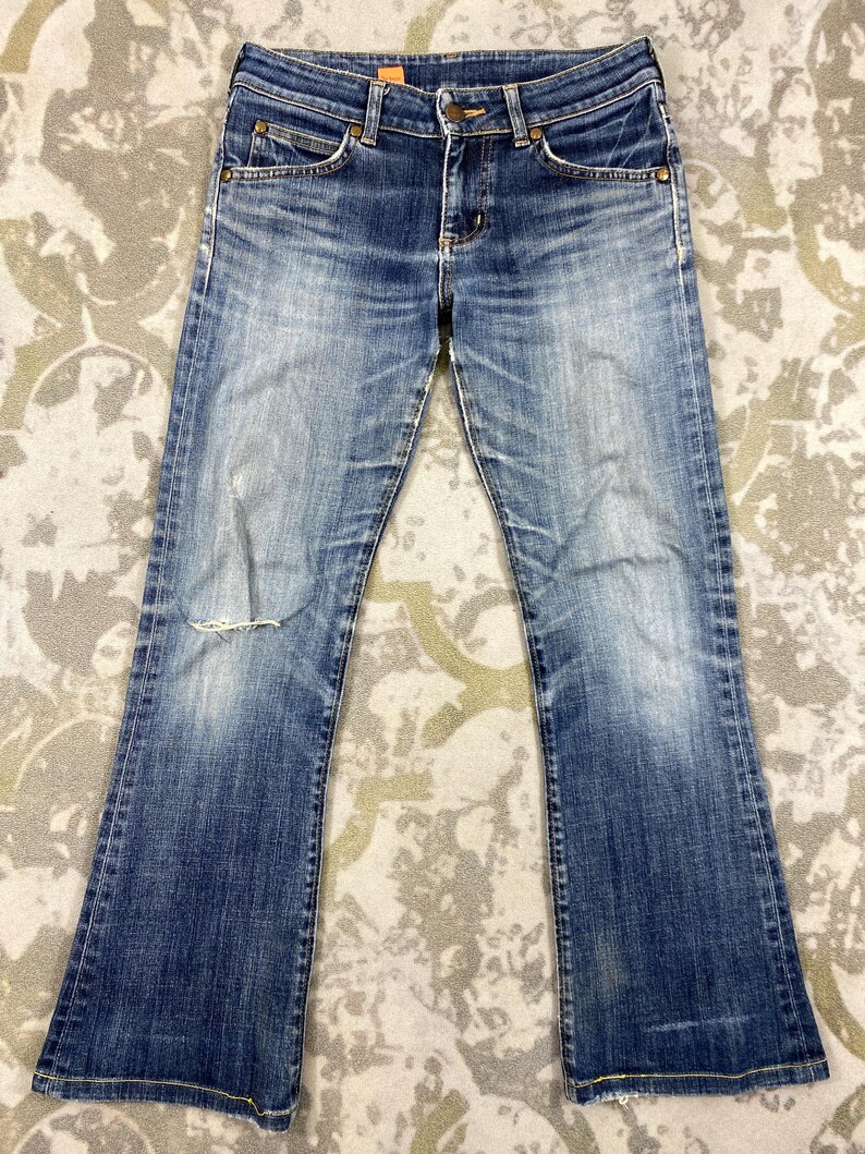 Storlek 29x27.5 Vintage Wrangler Blue Bell Jeans Flare Cut Bootcut Denim, Distressed Fade, Låg midja, Y2K Estetisk Boho Chic bild 3