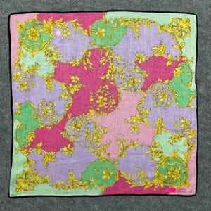 Vintage Gianni Versace Handkerchief Baroque Floral Pink Green Gold Luxury Pocket Square Rare Designer Scarf 20x21 Inches