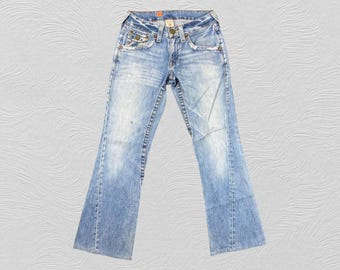 True Religion Joey Super T Jeans Mens 36 Blue Distressed Flare