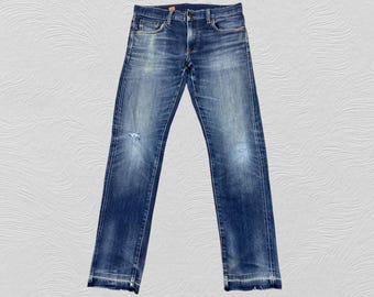 Jean bleu Uniqlo selvedge vintage, pantalon en denim vieilli pour hommes, jean slim délavé, taille 33, streetwear ourlet brut, denim basique décontracté