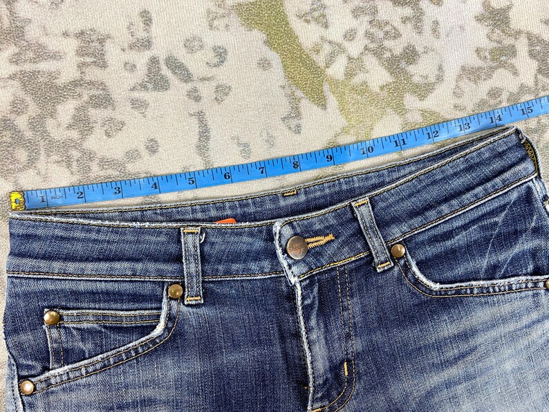 Storlek 29x27.5 Vintage Wrangler Blue Bell Jeans Flare Cut Bootcut Denim, Distressed Fade, Låg midja, Y2K Estetisk Boho Chic bild 7