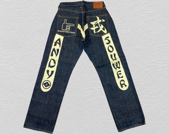 Size 32x30.5 Vintage Evisu Yamane Shootboxing Jeans Made in Japan Selvedge Big Back Print Y2K 90s Streetwear Archive Rare W32