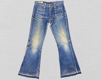 29x28.5 Faded Blue Vintage Big-John Bell Bottom Flare Bush Jeans Blue Distressed Denim Faded Denim Grunge Style Vintage Denim Unisex Jeans