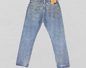 Vintage Levi's 501 Jeans Size 34x31 Light Wash Distressed Blue Denim Button Fly Straight Leg Classic 90s Style Retro Streetwear