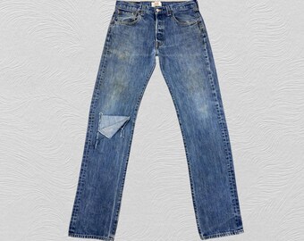 W31 L34.5 Vintage Levi's 501 Jeans Made in Egypt Button Fly Distressed Denim, 90s Levi's 501 Straight Leg Blue Jeans Rugged Streetwear