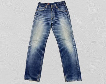 Vintage Lee Riders Denim Jeans Made in Japan Edwin Tag Gripper ZipperDistressed Faded Selvedge Style Straight Leg Size 30x29.5 Rare Workwear