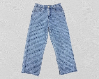 Vintage japanischen Stil texturierte gewebte Denim-Hose, blaue Jeans mit Korbgeflecht-Muster, hoch taillierte Hose mit weitem Bein, Lindlook Denim Größe 29