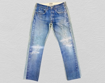 Vintage FAD3 Japan Reconstructed Distressed Jeans Size 32, Archive Japanese Designer Denim, Two-Tone Patchwork Straight Leg Pants, Y2K