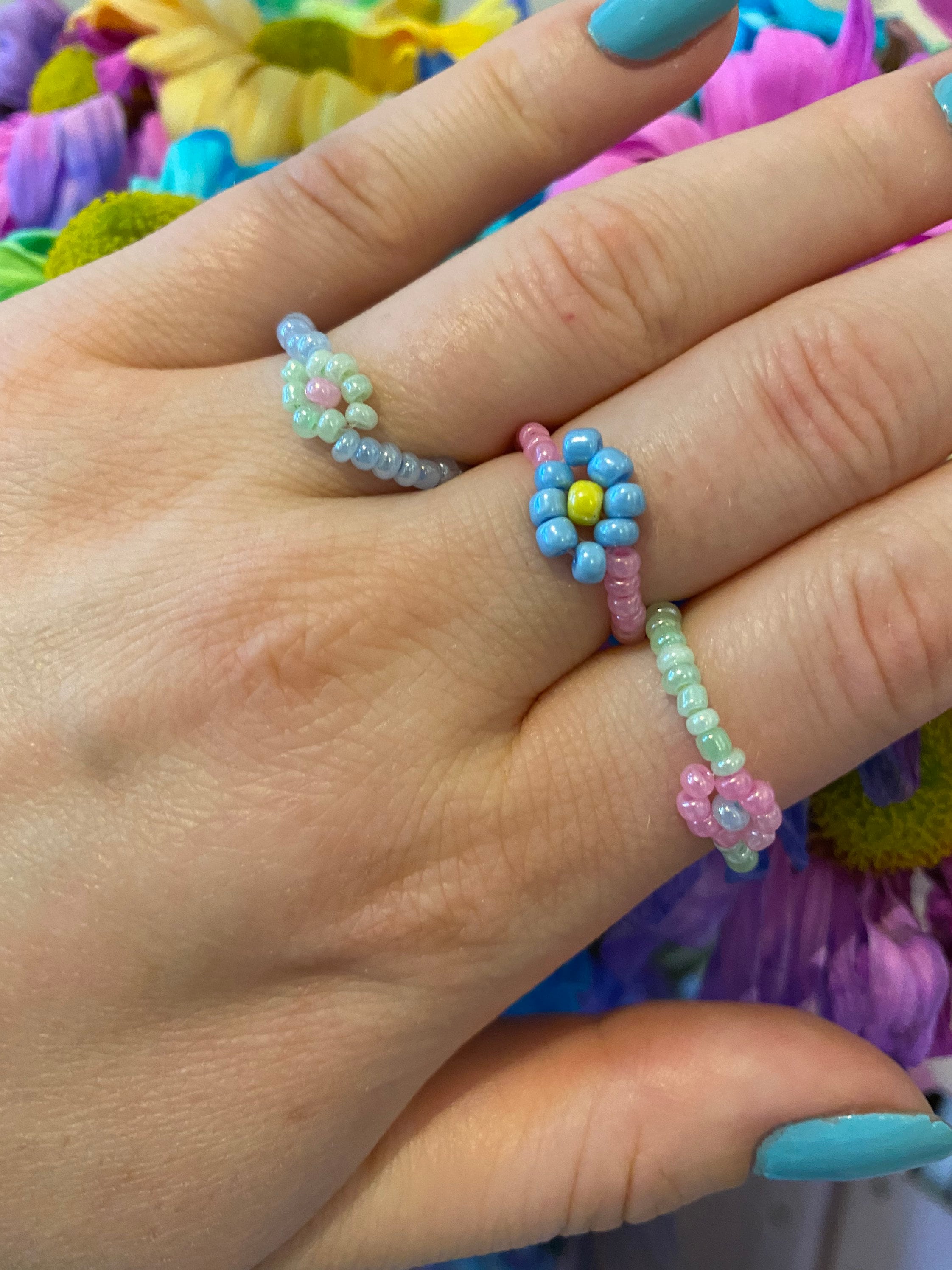 Beaded Flower Rings 3pcs Etsy