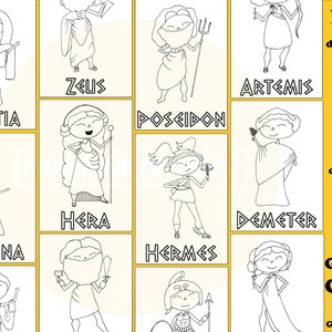 Páginas para colorear de dioses y diosas griegos, actividades para niños, descarga imprimible PDF A4, 12 páginas, diseño de personajes original