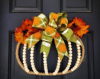 Natural Wood Bead Pumpkin Wreath, Fall Pumpkin Door Hanger, Fall Bead Pumpkin Wreath,  Pumpkin Fall wreath