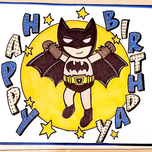 Hand-drawn hand-made & hand-colored Pop-up Greeting Card, Superheroes Batman Spiderman Lego Comic Books Birthday