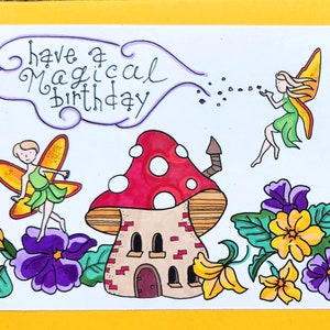 HAPPY BIRTHDAY 3d Pop-up Greeting Card Handmade/illustrated/colored Hand-drawn Cute Fairies Mushrooms Flowers Narwhals!