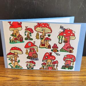 Met de hand getekend/geïllustreerd/gekleurd Handgemaakte pop-up ELKE GELEGENHEID Wenskaart, schattige paddenstoelen en bloemen