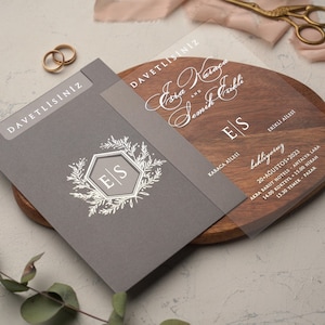 Silver Foil Acrylic Elegant Wedding Invitation and Floral Pattern Silver Foil Grey Sleeve, Clear Transparent Invite Card