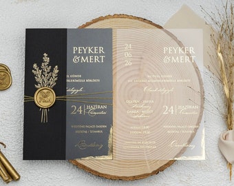Luxury Gold Foil Wedding Invitation: Acrylic, Black Cover, Wax Seal