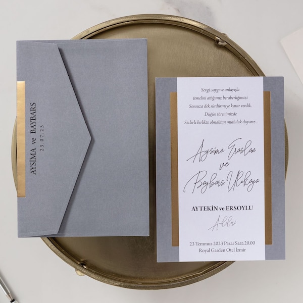 White Blue Gold Leaf Foil Modern Wedding Invitation Card and Blue Gold Leaf Foil Envelope, Minimal Simple Printed Invite, Party Invite