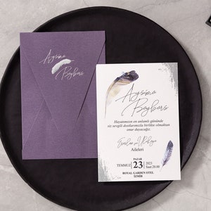 Silver Foil Cream Modern Wedding Invitation Card and Lavender Color Envelope, Minimal Simple Invite Card, Printed Invite