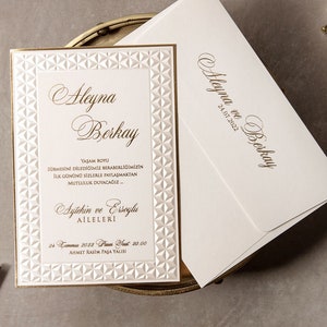 Cream Beige Gold Foil Frame Geometrical Embossed Wedding Invitation Card and Gold Monogram Cream Envelope, Minimal Geometrical Invite