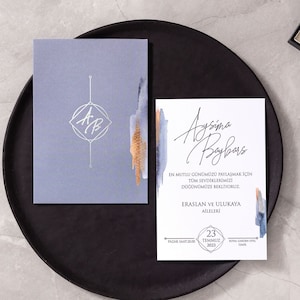 Modern Simple Silver Foil Water Color White Wedding Invitation and Blue Silver Foil Envelope, Minimal Printed Invite Card, Party Invite