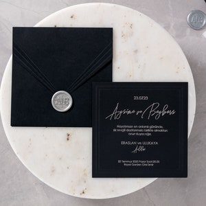 Silver Foil Black Wedding Invitation Card and Silver Monogram Wax Seal Black Envelope, Minimal Luxury Modern Design Printed Black Invite